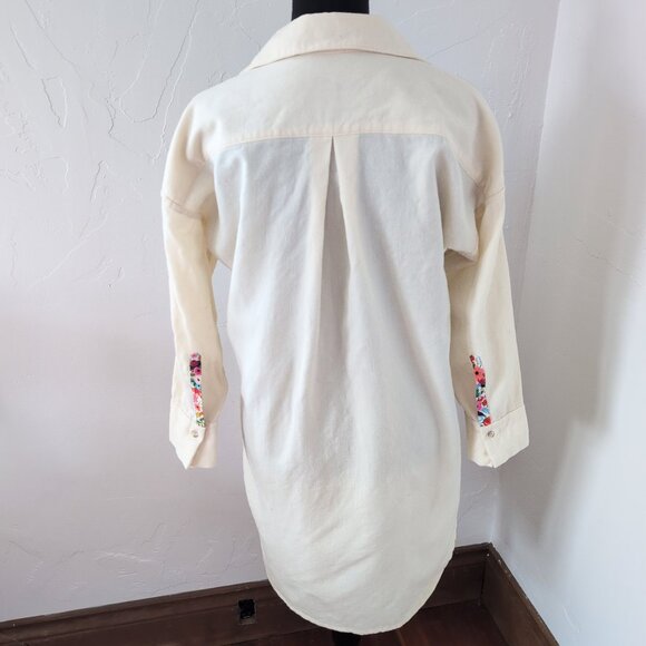 Rifle Paper Company Floral Trim Wool Blend Long-Line Button Up Tunic Off White - Picture 7 of 16